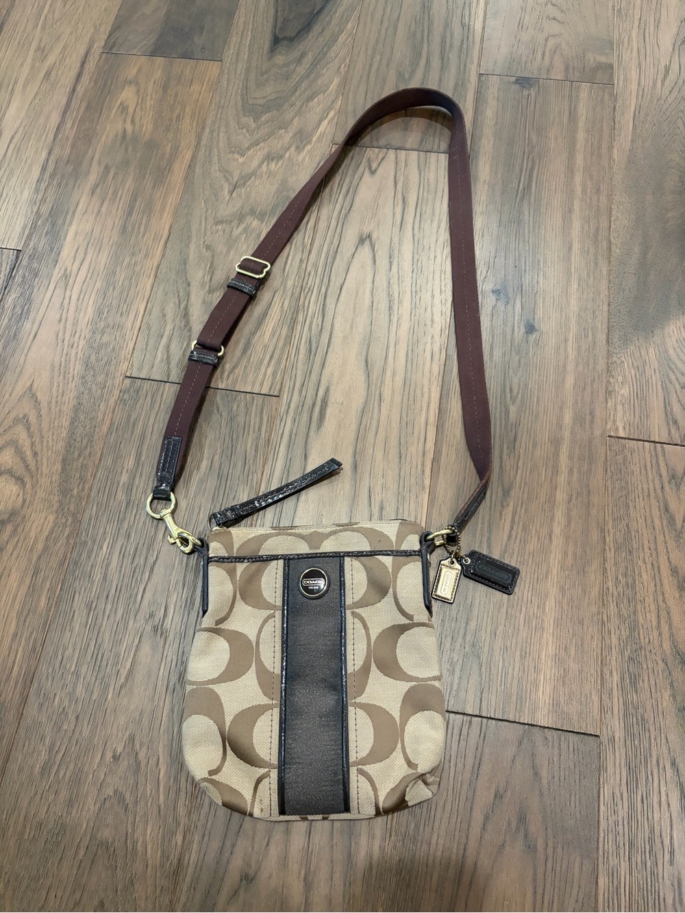 Coach Signature Khaki Jacquard Crossbody Bag with Brown Stripe